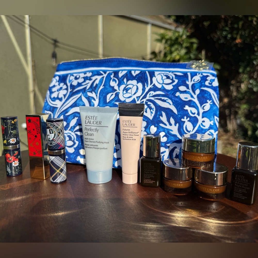 Estée Lauder Skincare and Makeup Set with Blue Floral Bag